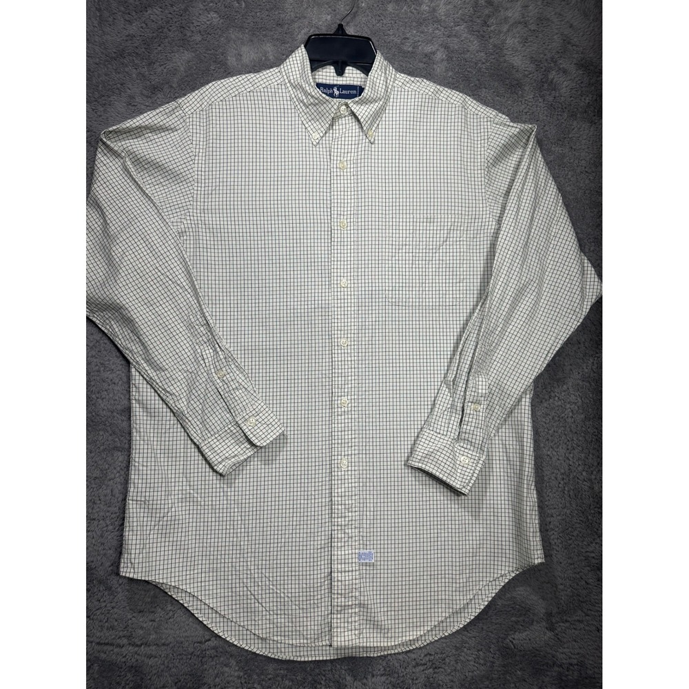 Ralph Lauren Button Down Mens 16-33 M White Green Check Plaid Cotton Shirt